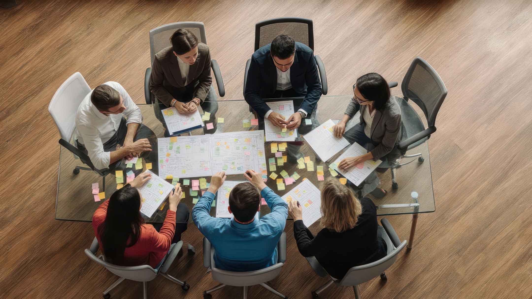 Team collaborating around a conference table covered with plans and sticky notes during a Federal Sales Hot Wash session, representing reflection, facilitation, and teamwork.