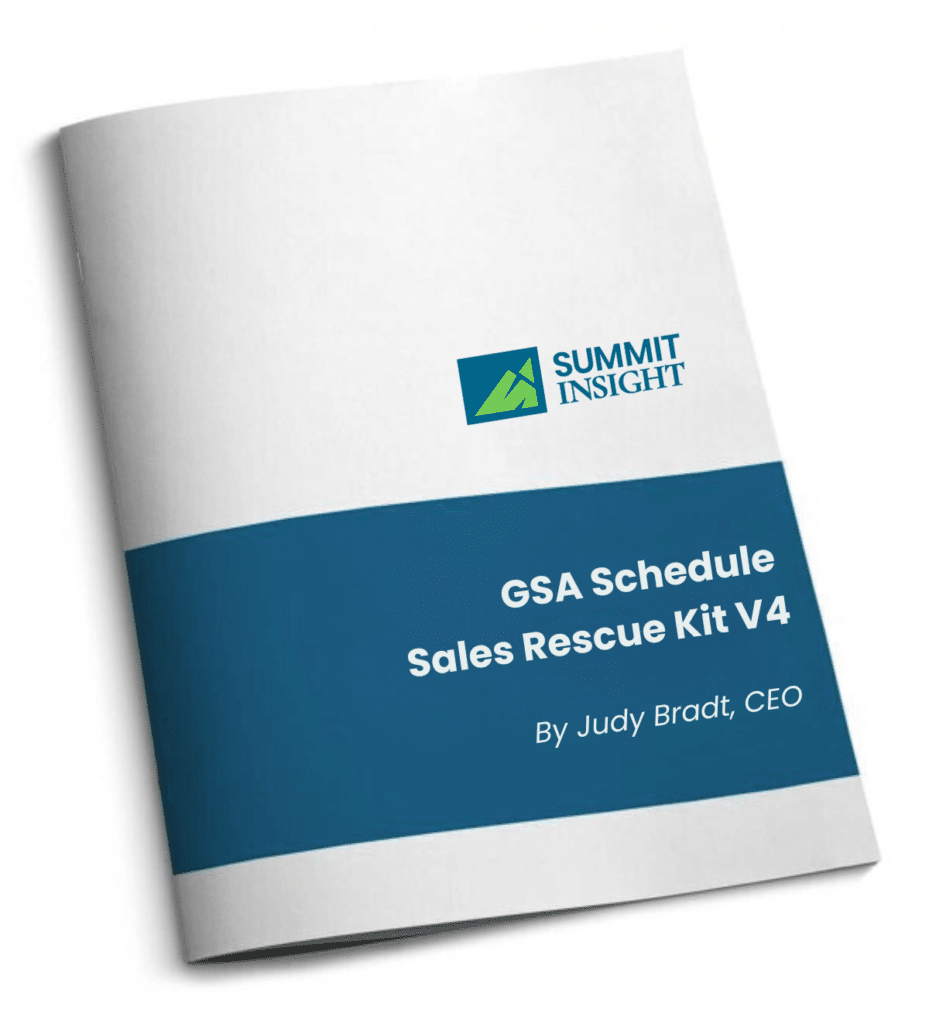 Cover of the GSA Schedule Sales Rescue Kit — a free guide to help contractors boost GSA sales and keep their contract