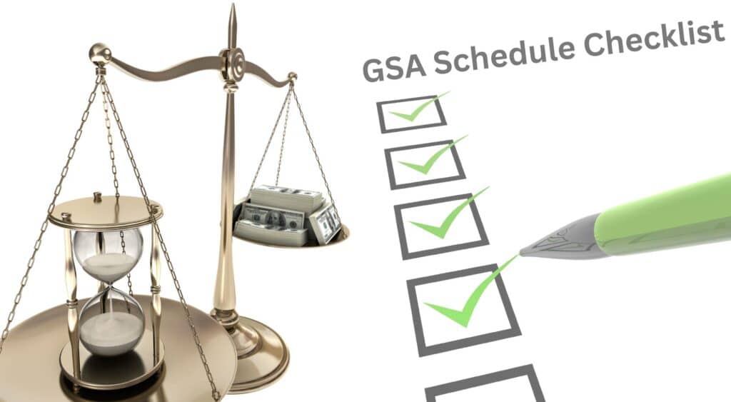 Scale balancing time and money next to a checklist labeled GSA Schedule — symbolizing the decision between DIY and hiring a consultant.