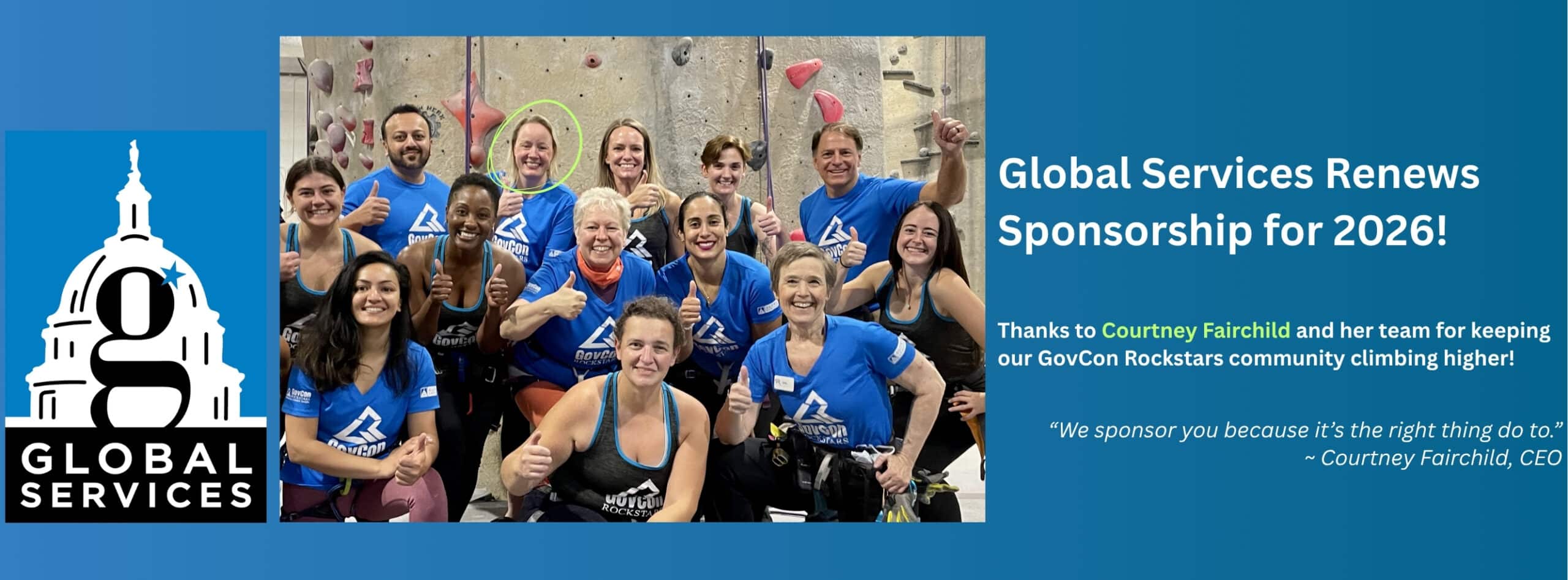 Global Services renews its GovCon Rockstars sponsorship for 2026 – photo of the Summit Insight climbing community led by Judy Bradt and Courtney Fairchild’s Global Services team celebrating together.